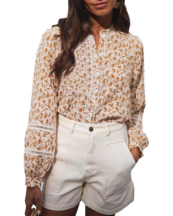 Astylish Womens Floral Printed Mock Neck Shirt Button Down Eyelet Blouse Tops | Amazon (US)