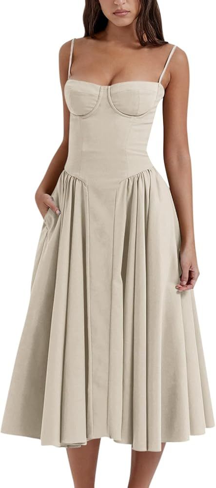 midelxp Womens Corset Dress Elegant Spaghetti Strap Bustier Midi Dress Flowy Pleated Hem Low Cut ... | Amazon (US)