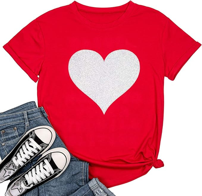 Beopjesk Womens Valentine's Day Graphic Tees Short Sleeve Heart Printed Shirts Blouse Tops | Amazon (US)