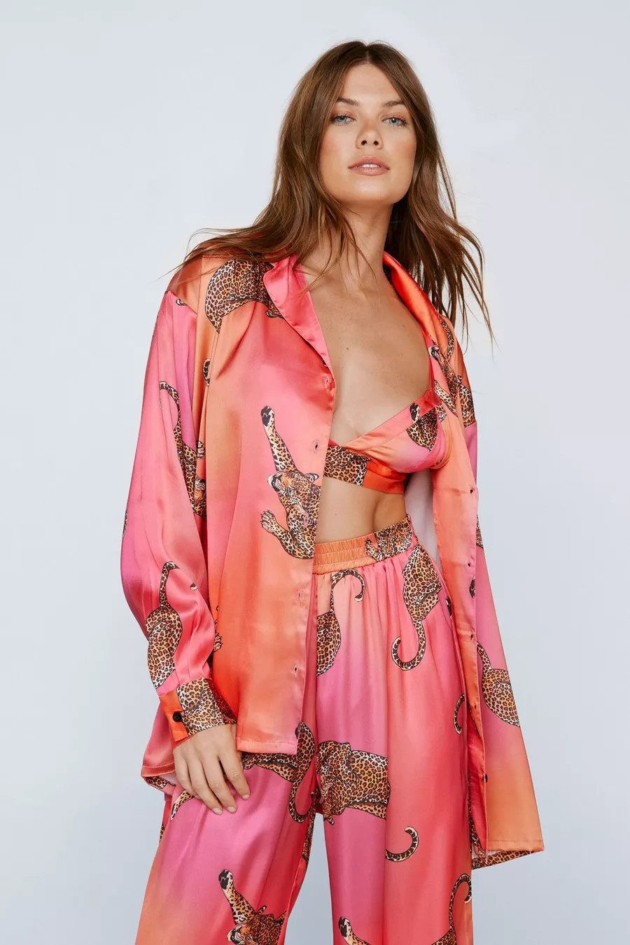 Satin Leopard 3pc Shirt Bralette & Pants Pajama Set | Nasty Gal US