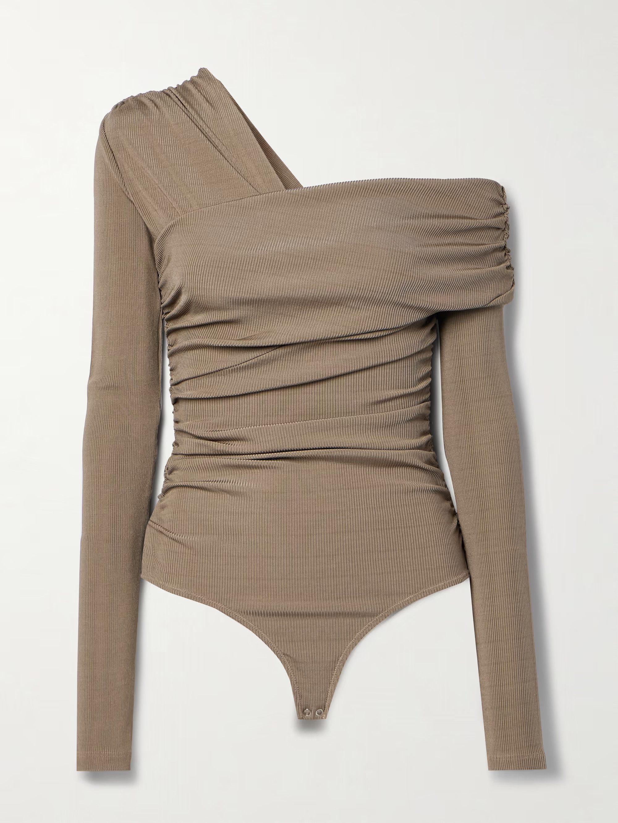 The Fonteyn off-the-shoulder ruched ribbed stretch-jersey thong bodysuit | NET-A-PORTER (US)