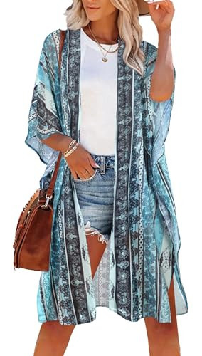 CHICGAL Resort Wear for Women 2023 Oversized Beach Cover up Summer Vacation Outfits(01-Blue Stripe Ethnic Print,S) | Amazon (US)
