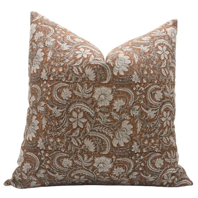 Fabdivine Block Print Throw Pillow Cover, 18x18 Inch Thick Linen Outdoor Cushion Cover, Floral Pr... | Walmart (US)