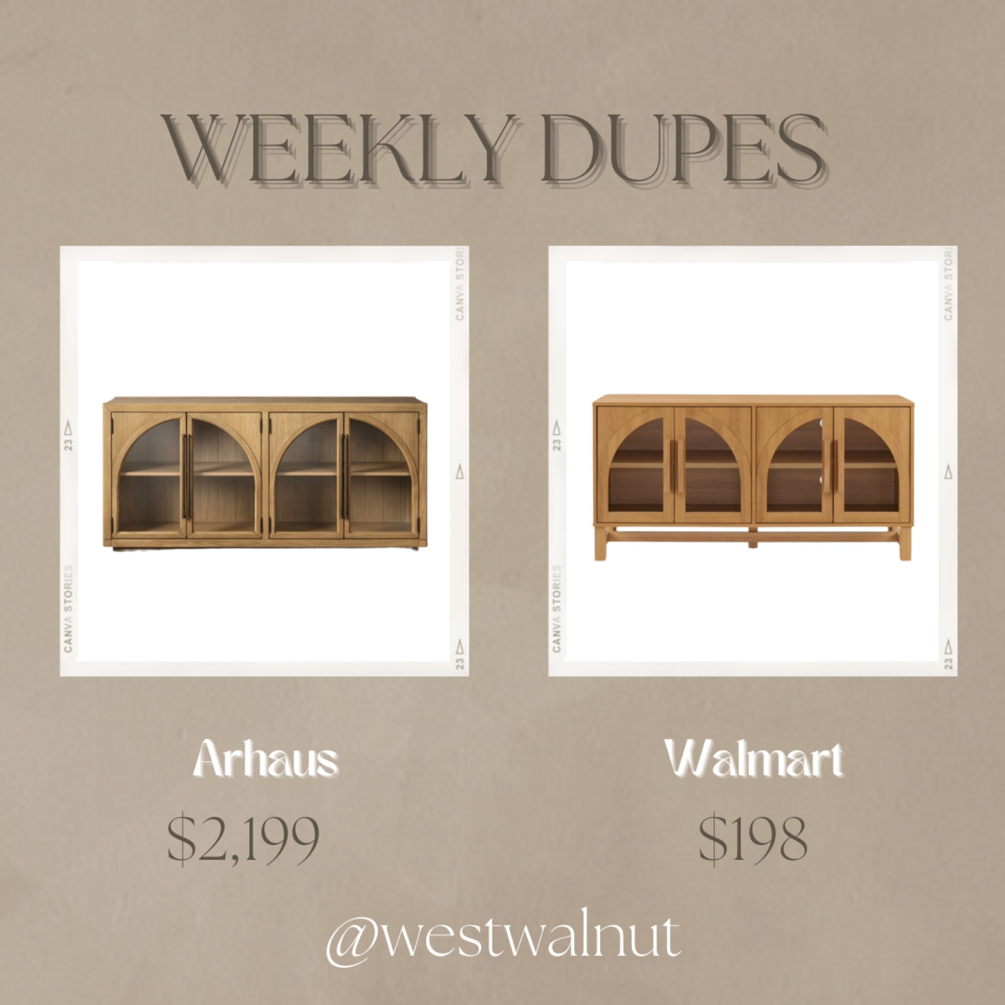 Arc Media Console Dupe

On the left is the Hattie Sideboard from Arhaus. It is crafted with “solid oak wood and oak veneers, with hand-applied finishes”. It also includes cord management holes for media purposes.
Dimensions: 70"W x 18"D x 32.5"H

On the right is the Better Homes & Gardens Juliet Arc TV Stand from Walmart in the “light honey” finish. It is made of wood and tempered glass. 
Dimensions: 60"W x 16"D x 30"

While the Arhaus option boasts higher quality and bigger dimension, the Walmart option conveys a similar essence for a fraction of the price.

#mediaconsole #archedcabinet #homeonabudget #affordablehomedecor #moderndecor #modernfurniture #homedecorideas #dupes #lookforless #homedecor 

#LTKhome