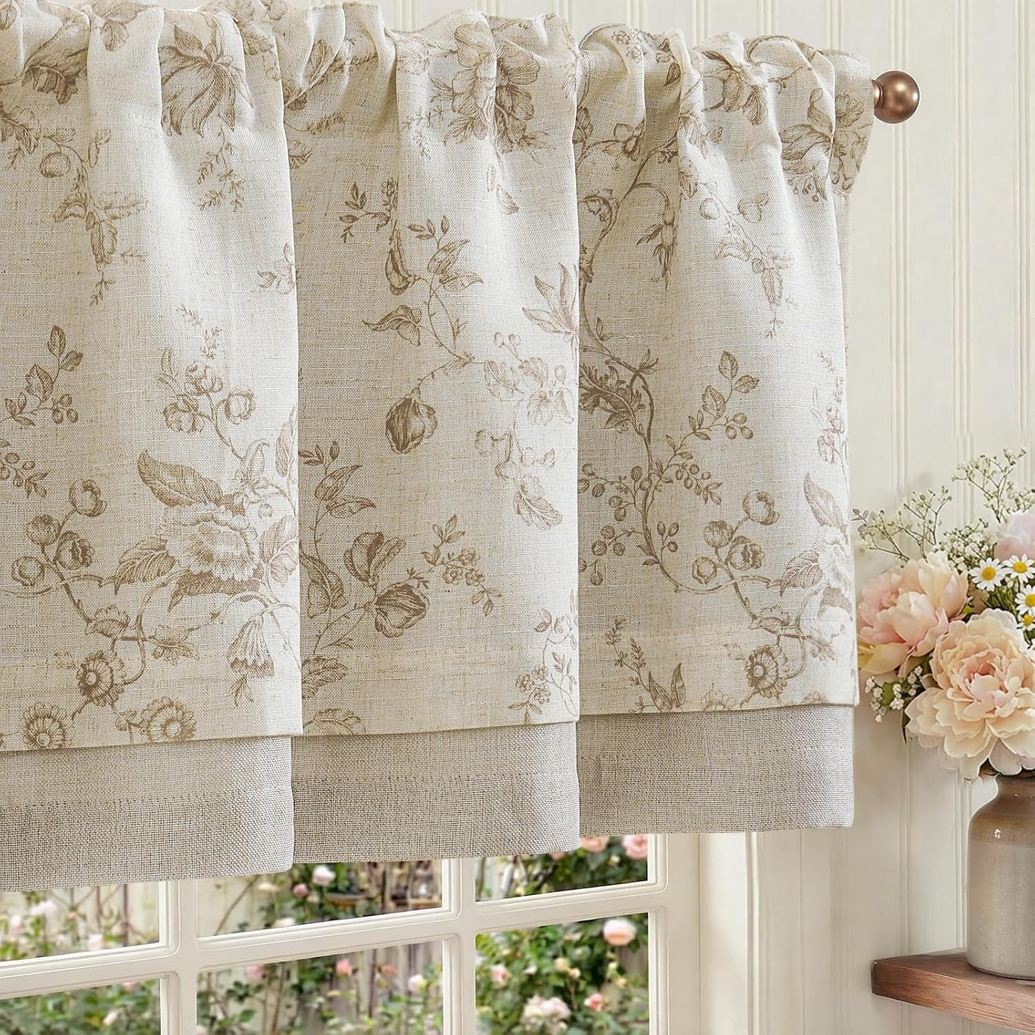 jinchan Amlie Floral Linen Valance Curtain Farmhouse 1 Panel 16 Inch Taupe | Amazon (US)
