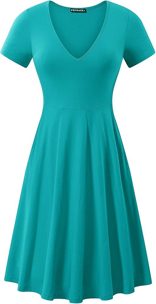 FENSACE Womens V Neck Short Sleeve Casual Flare Knee Length Skater Dress | Amazon (US)