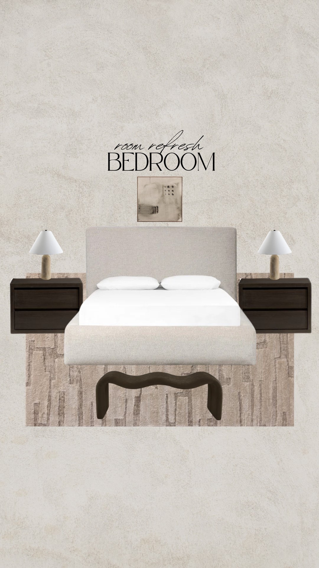 Bedroom refresh! Black nightstand, cloud bed frame, softframe, platform bed frame, brown rug, taupe rug, wavy bench, modern wall art, travertine lamp

#LTKHome #LTKSaleAlert #LTKSeasonal
