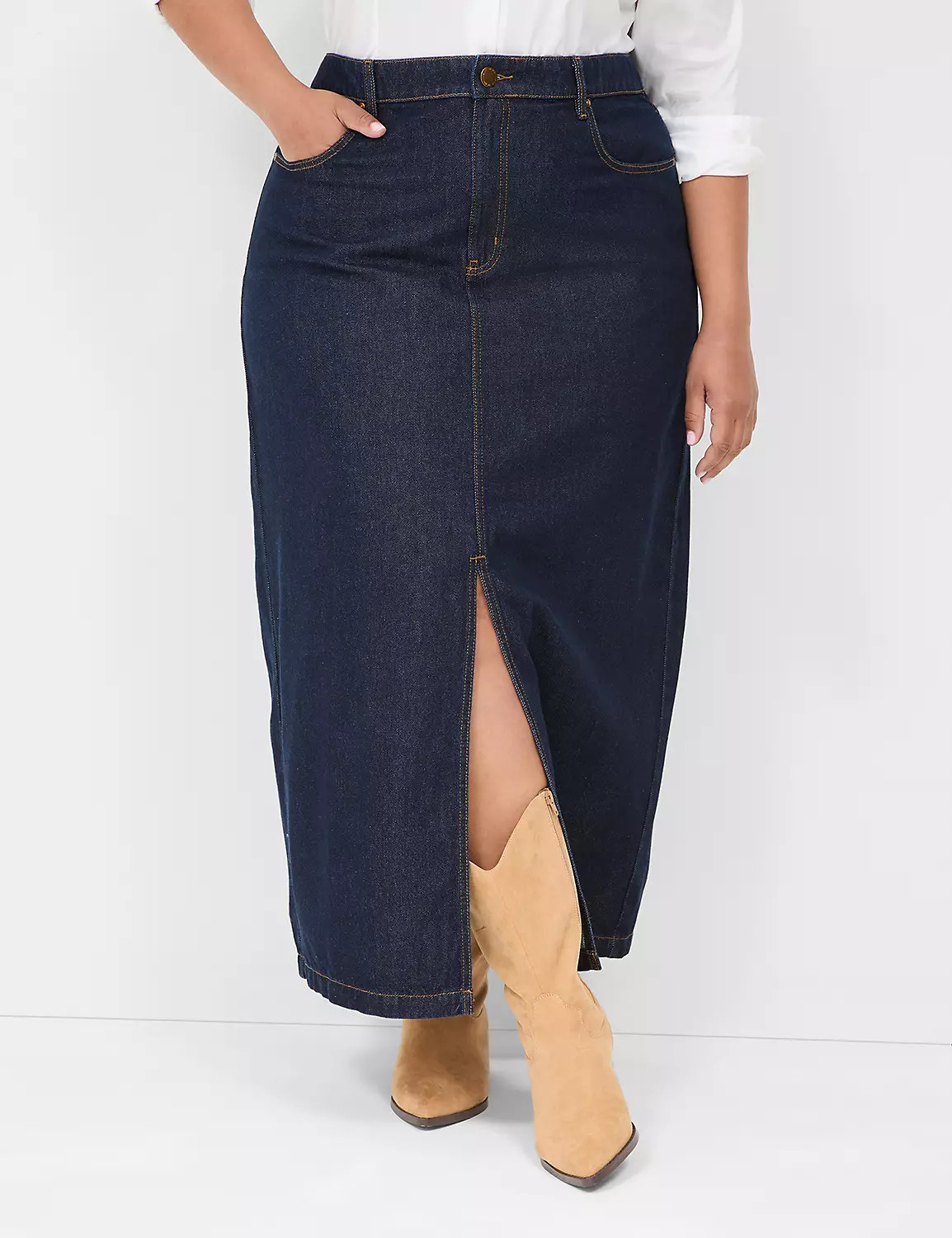 High-Rise Front-Slit Denim Maxi Skirt | Lane Bryant (US)