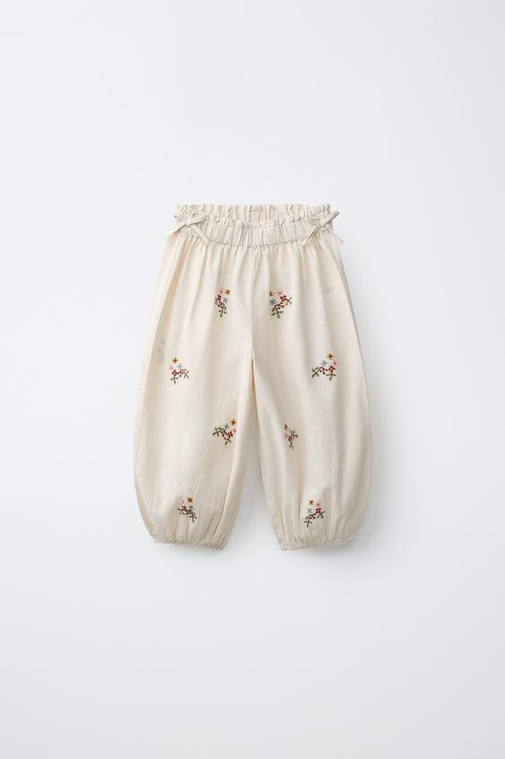 COTTON LINEN BLEND CROSS STITCH EMBROIDERED PANTS | Zara US