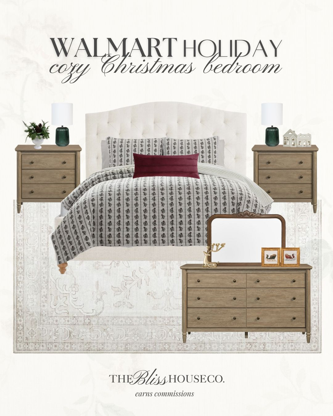 Walmart cozy Christmas bedroom finds!  🎄 My Texas House Monroe bedroom set, upholstered bed, Christmas bedding, holiday decor, affordable finds, neutral bedroom, tabletop decor 

 #LTKHoliday #LTKHome #LTKFindsUnder50