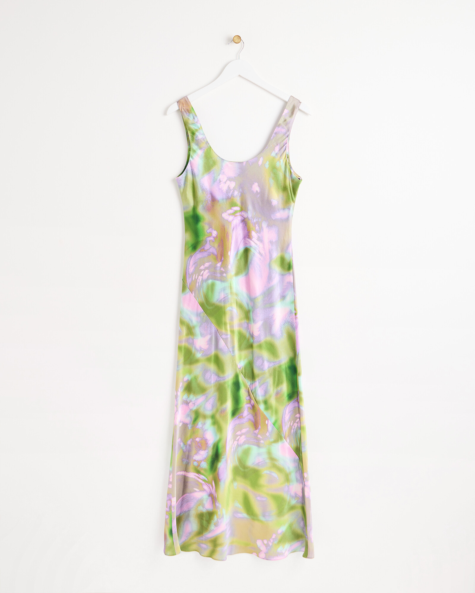 Abstract Green & Pink Midi Satin Slip Dress | Oliver Bonas | Oliver Bonas (Global)