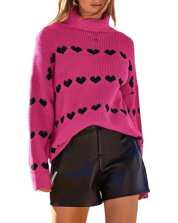 BTFBM Women 2023 Casual Turtleneck Sweaters Heart Print Oversized Long Sleeve Knit Fall Winter Ju... | Amazon (US)