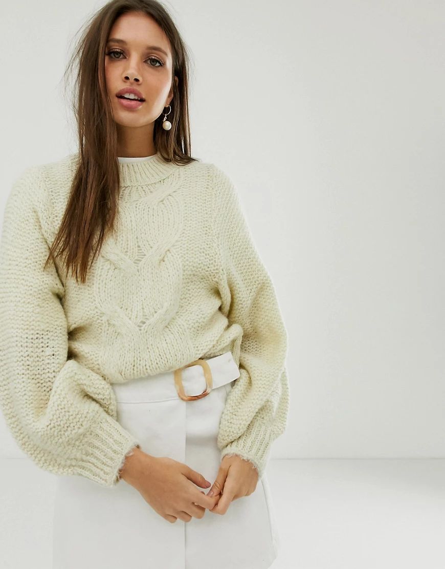 ASOS DESIGN cable jumper in lofty yarn with volume sleeve-Cream | ASOS (Global)