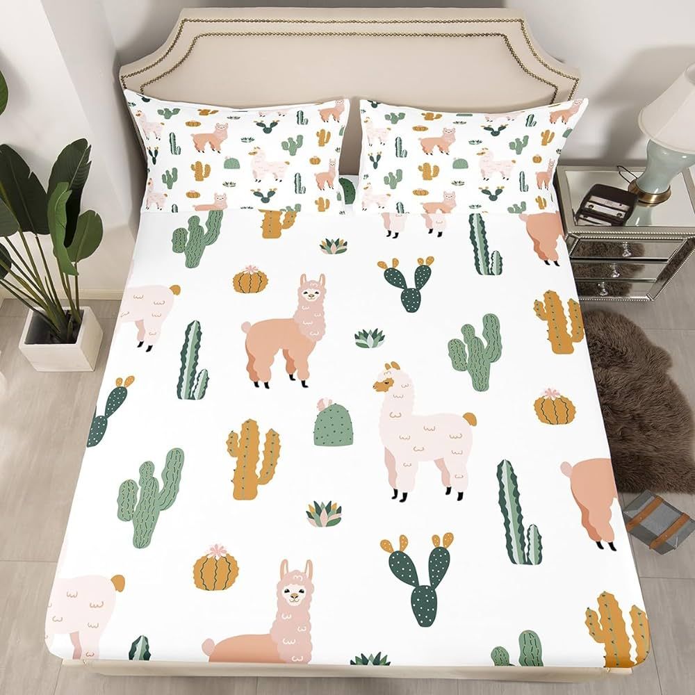 Feelyou Llama Alpaca Bed Sheet Set Cactus Fitted Sheet Cute Llama Bedding Set for Children Kids B... | Amazon (US)