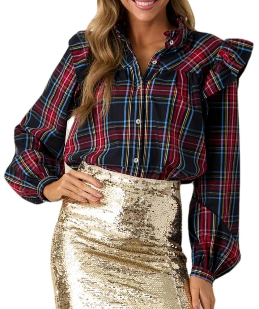 Plaid Shirts for Women Ruffle Button Down Shirts Puff Long Sleeves Blouses Collared Casual Tops | Amazon (US)