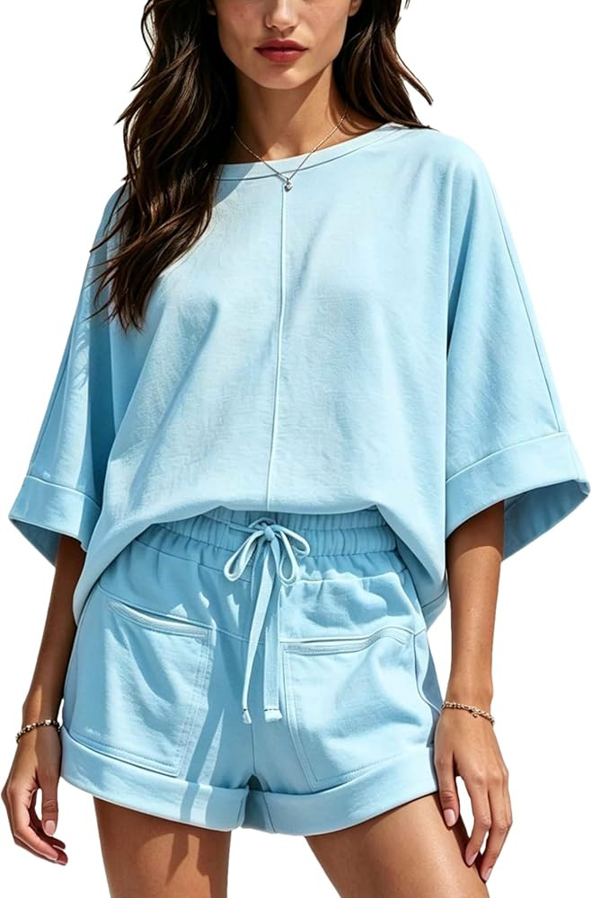 Zontroldy Womens Summer 2 Piece Short Set Oversized Top Relaxed Shorts Outfits Matching Sets with... | Amazon (US)