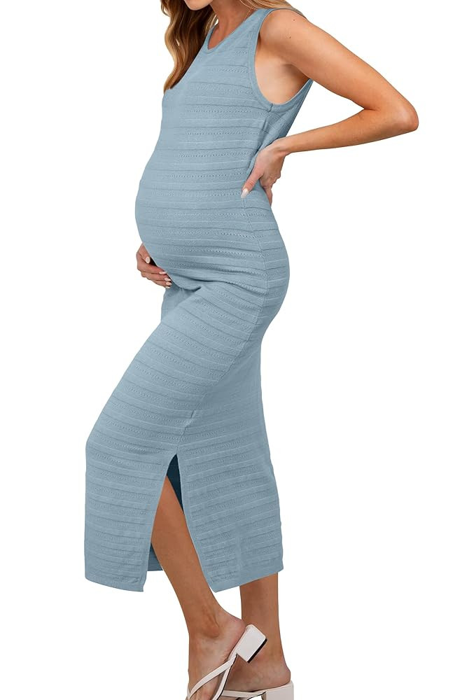 OUGES Women's 2025 Summer Maternity Dress Knit Sleeveless Crewneck Midi Dress Side Slit Striped B... | Amazon (US)