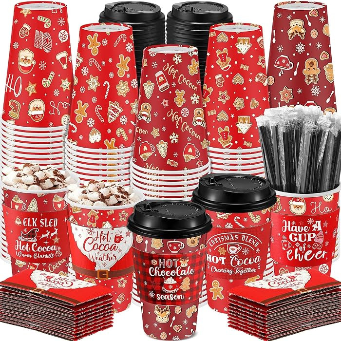 100 Sets Christmas Paper Coffee Cups with Sleeve and Lid Straw Hot Chocolate Cocoa Cups Xmas Holi... | Amazon (US)
