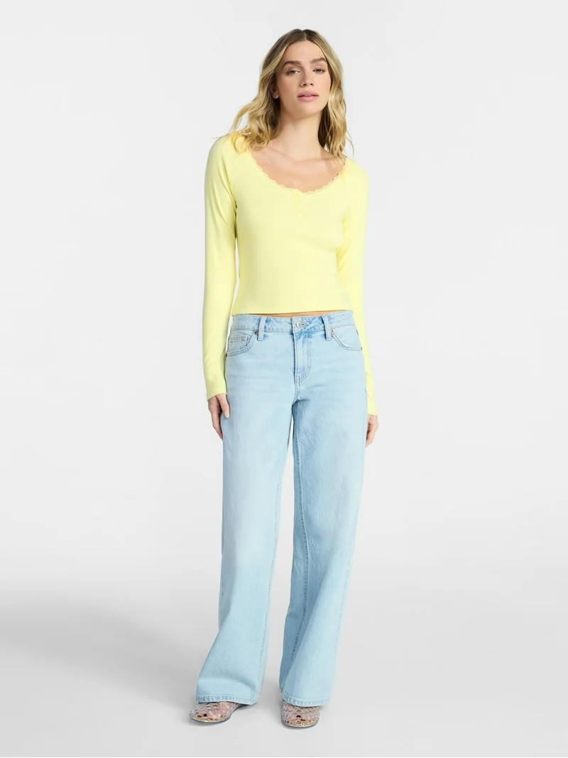 No Boundaries Long Sleeve Henley Top with Lace Trim, Women's XXS-XXL | Walmart (US)