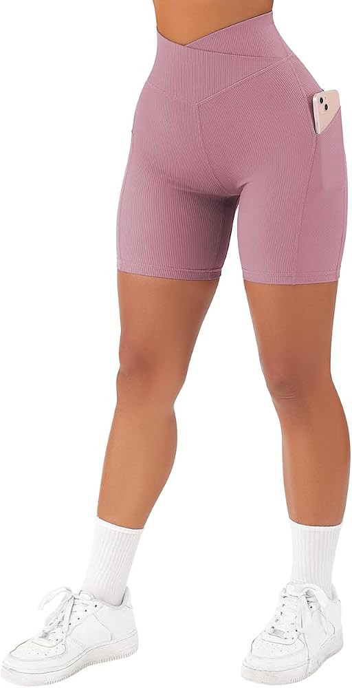 SUUKSESS Women Cross Workout Shorts with Pockets 5" High Waist Booty Biker Short | Amazon (US)