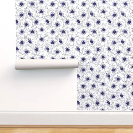 Removable Water-Activated Wallpaper Mod Floral Navy White Flowers Modern | Walmart (US)