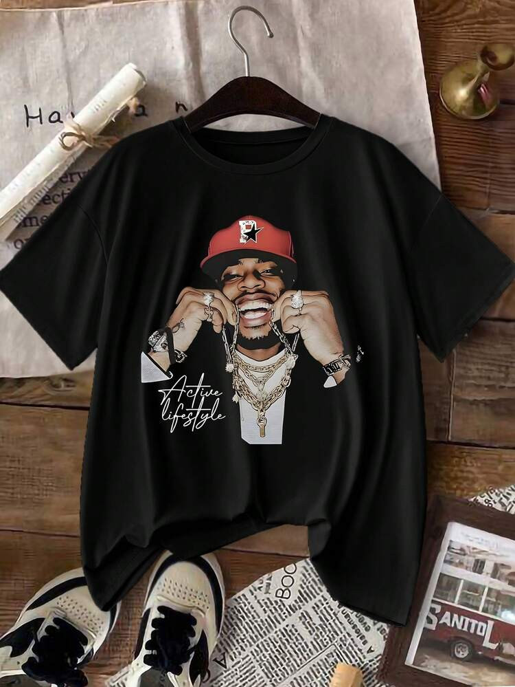 INAWLY T-Shirt Col Rond À Manches Courtes Tricoté, Style Décontracté, Imprimé Portrait De Style Urbain, Unisexe | SHEIN