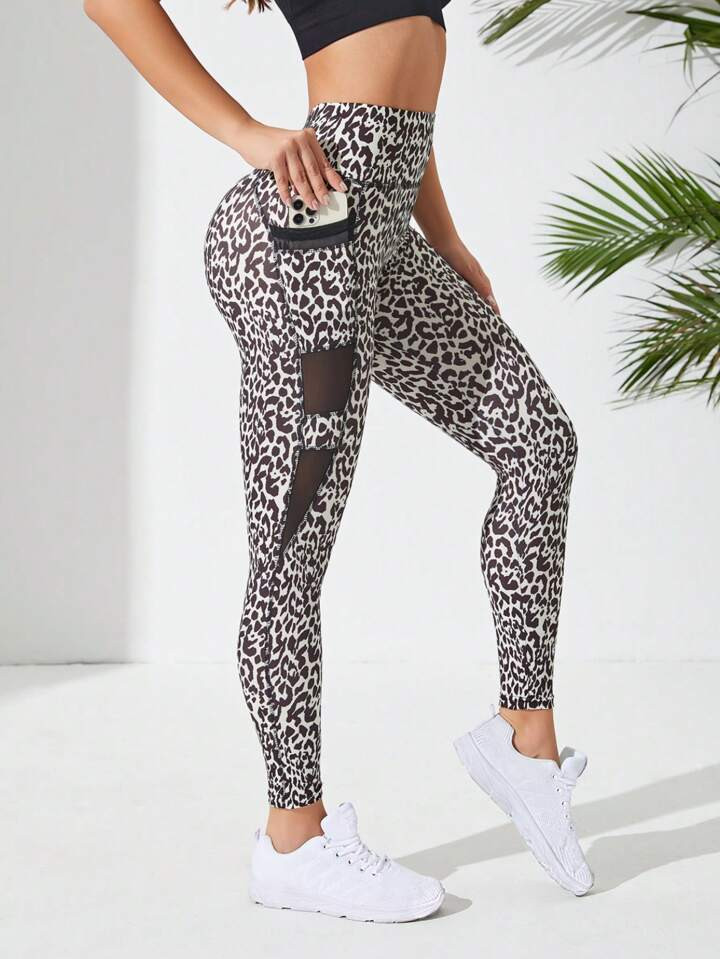 Luipaardprint Doorzichtige insteek Telefoonzak zijde Buik controle Sport legging | SHEIN