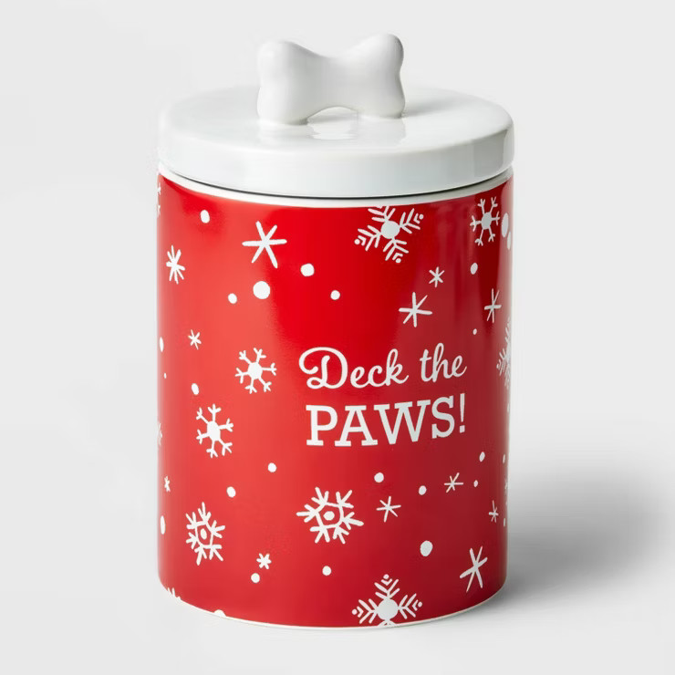 7.75" Ceramic 'Deck the Paws' Dog Treat Jar Red - Wondershop™ | Target