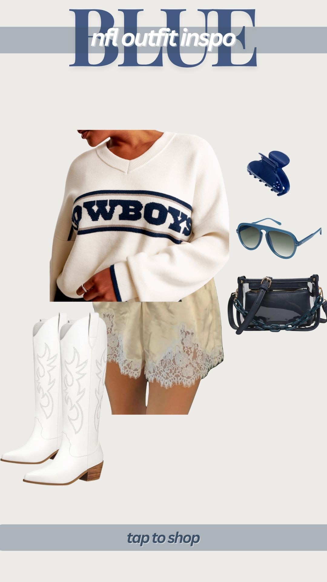 NFL game day outfit, football game outfit, blue and white outfit, blue sports team outfit, navy blue and white sports outfit, navy blue football outfit, dallas cowboys outfit, cowboys outfit