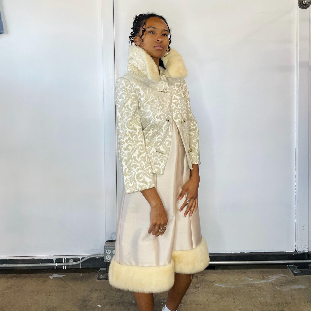 Vintage 1960s Lilli Ann cream white brocade tapestry fur trimmed jacket and dupioni silk dress se... | Etsy (Global)