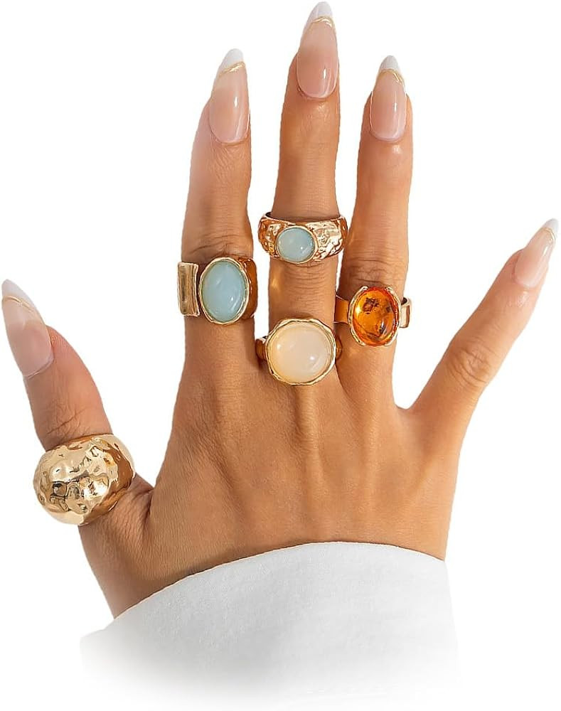 Gold Rings for Women Non Tarnish Unique Chunky Gem Stone Stackable Knuckle Ring Set Vintage Funky... | Amazon (US)