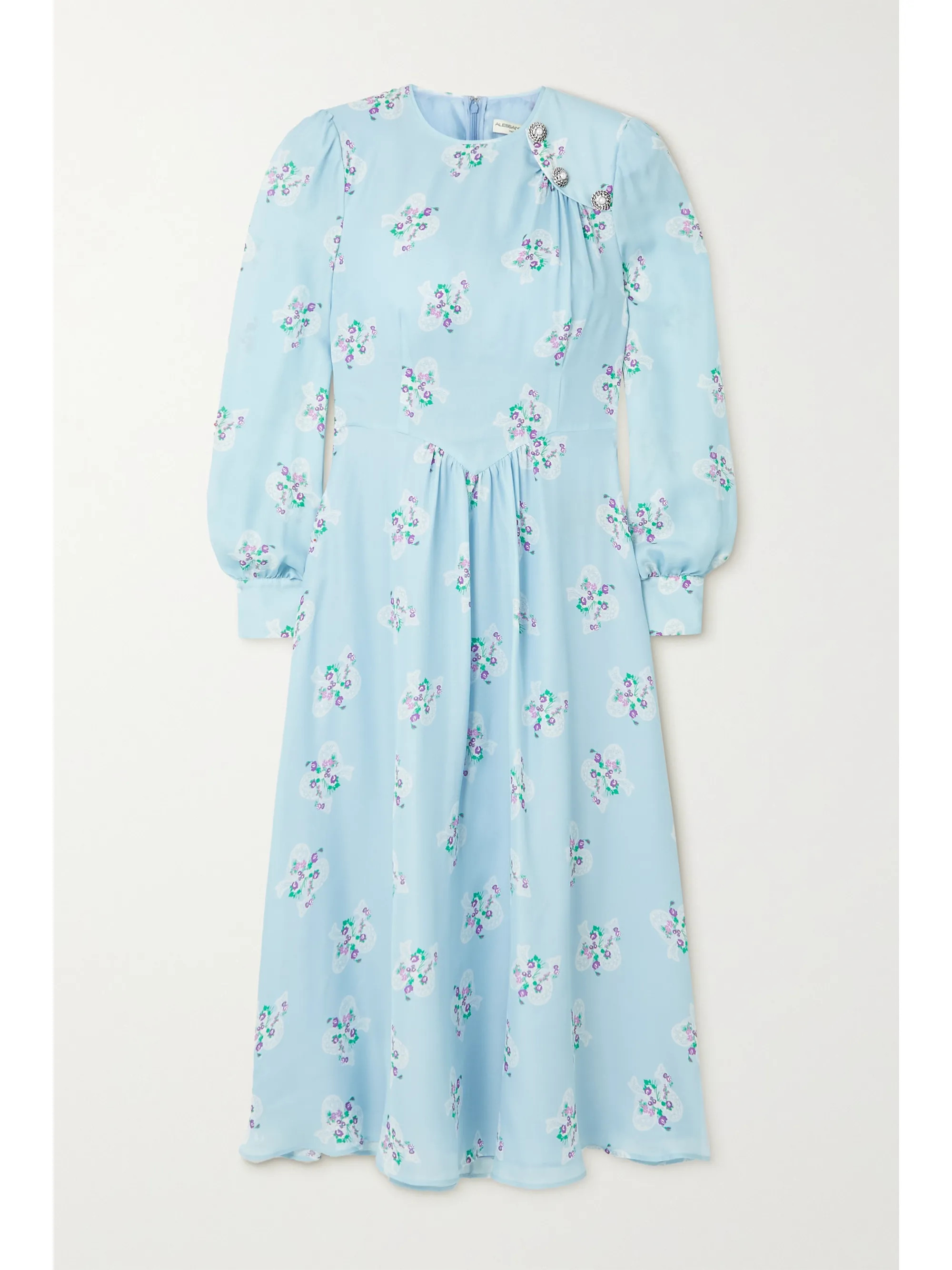 Light blue Button-embellished floral-print silk crepe de chine midi dress | Alessandra Rich | NET... | NET-A-PORTER (UK & EU)