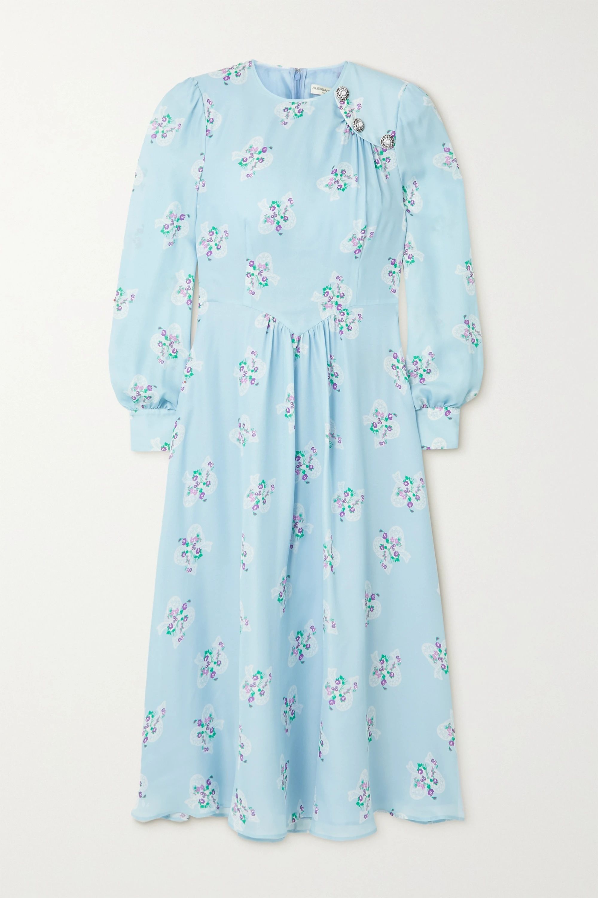 Light blue Button-embellished floral-print silk crepe de chine midi dress | Alessandra Rich | NET... | NET-A-PORTER (UK & EU)