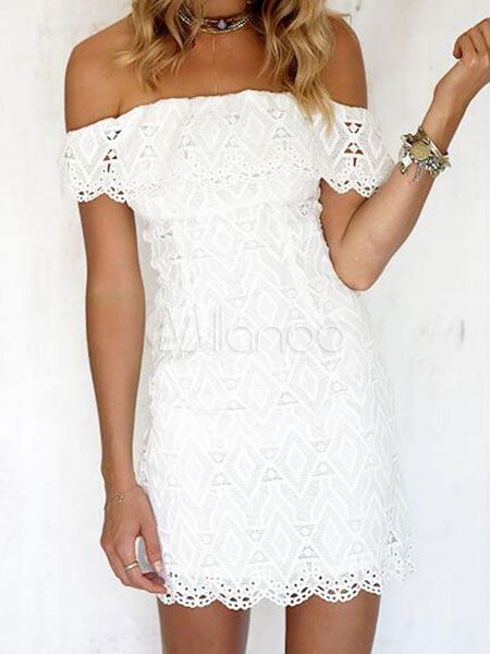 White Lace Dress Off The Shoulder Short Sleeve Slim Fit Bodycon Dress | Milanoo