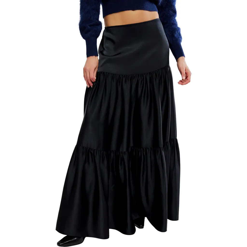 Free People Juliette Satin Tiered Maxi Skirt in Black at Nordstrom, Size 12 | Nordstrom
