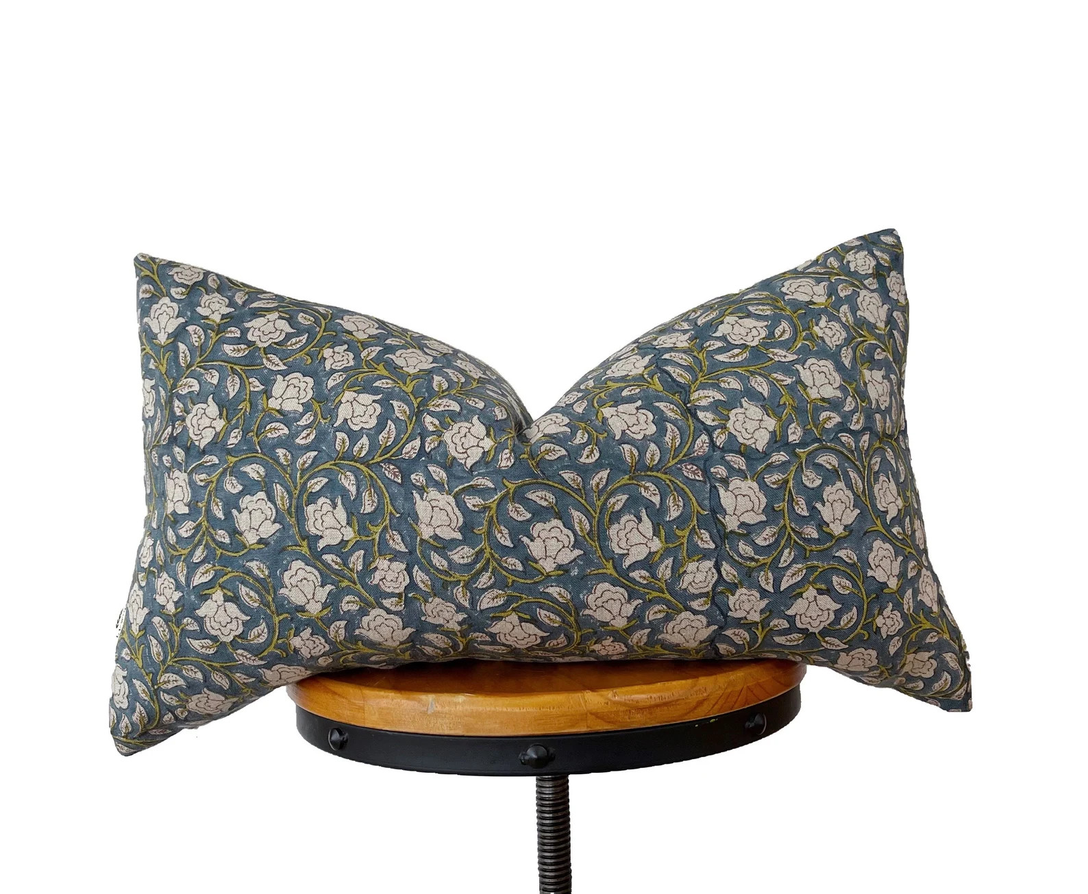 Hand block print linen pillow cover, antique blue/ olive green/ white floral lumbar pillow cover ... | Etsy (US)