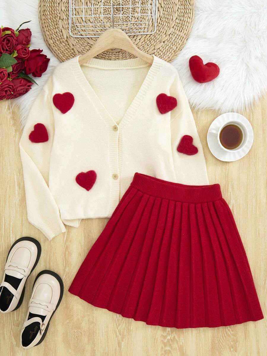 Tween Girls 2pcs Korean Style V-Neck Heart Patch Long Sleeve Cardigan & Red Pleated Mini Skirt Se... | SHEIN