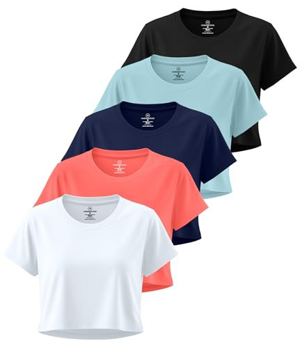 Real Essentials 5 Pack: Women's Dry-Fit Crop Top Short Sleeve Shirts Workout Gym Cropped Athletic Tee (Available in Plus) - Set 3, XS | Amazon (US)