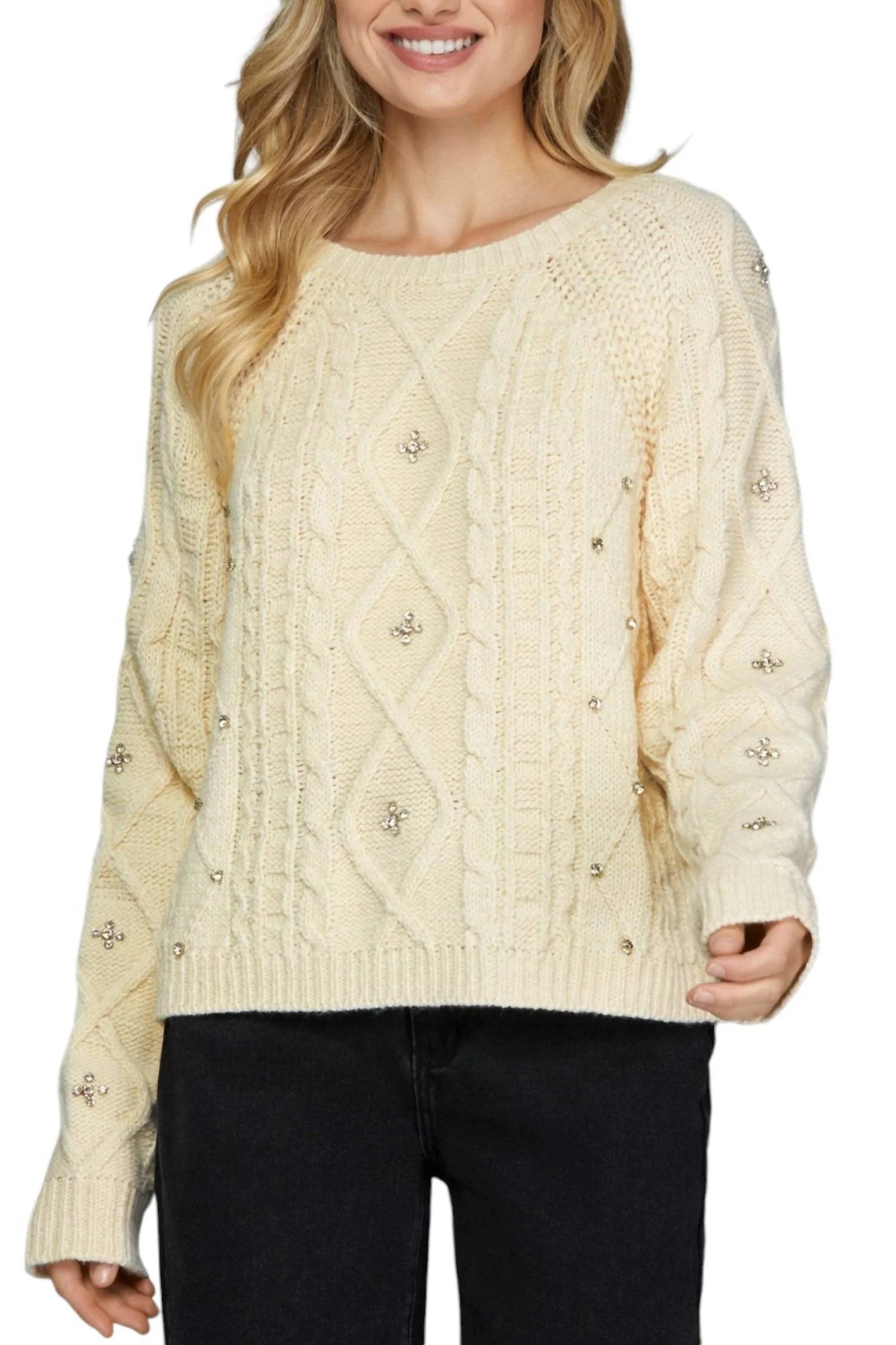 Brulee Rhinestone Detail Sweater In Cream | Shop Simon