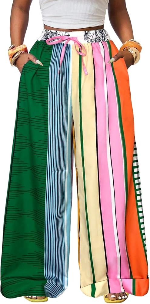 ZAFUL Casual Pants for Women, Color Blocked Loose Oversized Pants Retro Printed Stripe Straight L... | Amazon (US)