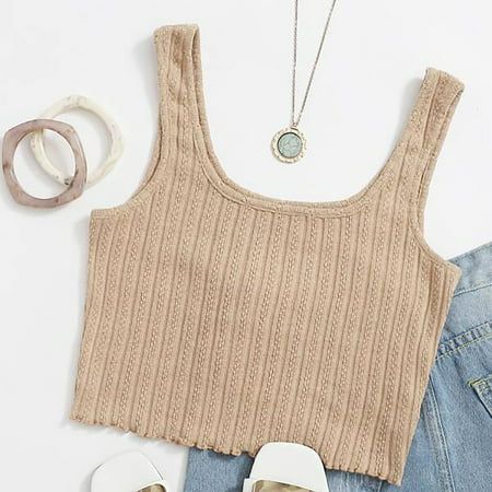 Ribbed Knit Casual Tank Crop Top Women’s Sexy Sleeveless Crop Tops Double Layer Scoop Neck Cropped T | Walmart (US)
