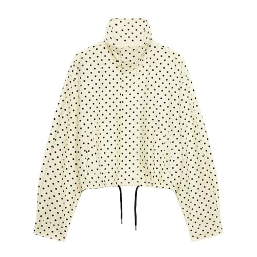 JoinQueen Women Polka Dot Jacket Stand Collar Cropped Jackets Zip Up Coat Casual Fashion Coat Fall Spring Jacket with Pockets(Beige,S) | Amazon (US)