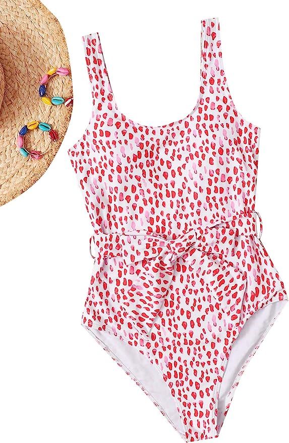 SweatyRocks Women's One Piece Swimsuit Cute Belted All Over Print Swimwear Monokini | Amazon (US)