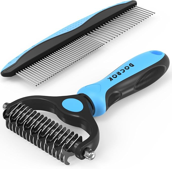 Pet Grooming Combo - Blue Deshedding Brush with Metal Comb for Detangling and Dematting Long, Mat... | Amazon (US)