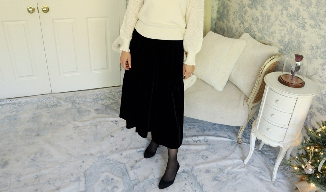 One of my favorite pieces in my winter ten-item wardrobe extras is this beautiful black velvet A-line skirt from Goelia. The midi length, gentle drape, and subtle shimmer make it the perfect bridge from fall elegance to post-holiday sophistication. 🍷❄️ 

I love pairing it with:
🖤 A simple, soft sweater for a minimal yet elevated look
🖤 Hipstik sheer black pantyhose – comfortable, classic, and just the right amount of polish
🖤 Low-heeled black suede pumps from Jimmy Choo – timeless and ladylike

This combination is so easy to wear and exudes quiet elegance. It's a reminder that we don’t need dozens of items to feel stylish we just need a few well-chosen ones that truly reflect who we are. ✨

Do you have a winter skirt you reach for again and again?
Let me know in the comments!
#TenItemWardrobe #WinterElegance #VelvetSeason #TimelessStyle

#LTKOver40 #LTKdayinmylife #LTKSeasonal