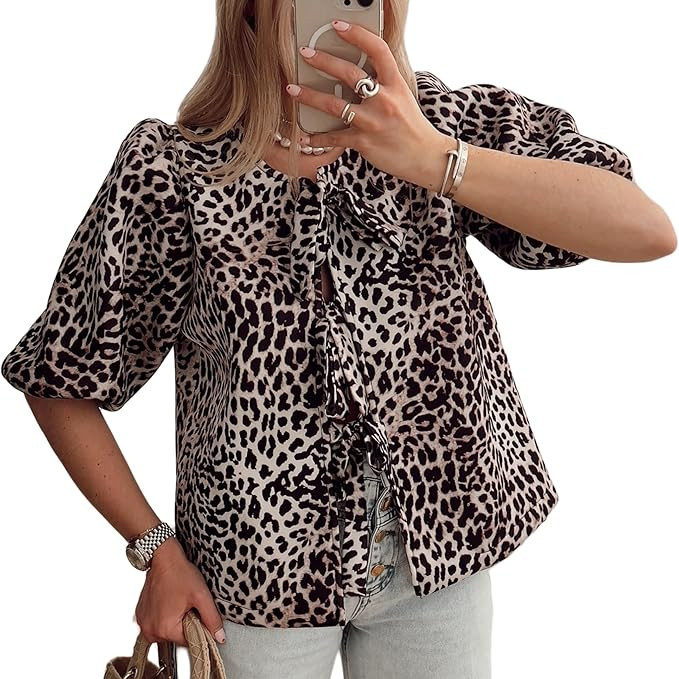 Women Bow Tie Front Tops 3/4 Puff Sleeve Ruffle Hem Summer Cardigan Blouses Y2k Crop Tops | Amazon (US)