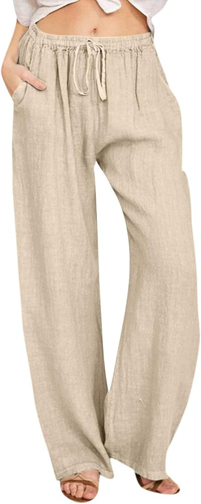 Women's Cotton Linen Pants,Summer Wide Leg Casual Loose Drawstring High Waist Palazzo Pants Trous... | Amazon (US)