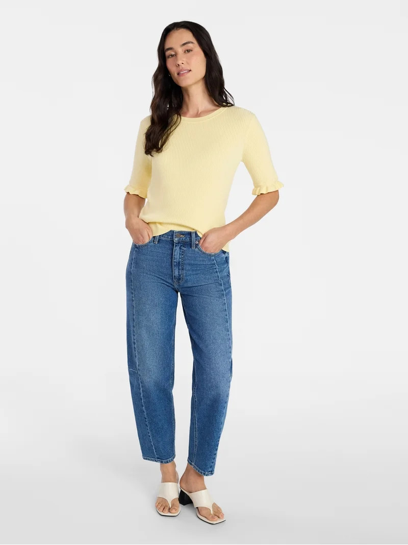 Time and Tru Women's Ribbed Sweater with Flounce Sleeves, Midweight, Sizes XS-XXXL | Walmart (US)
