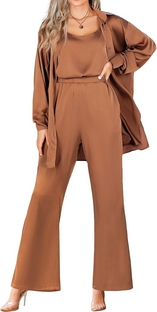 Ekouaer Womens Silk 3 Piece Pajamas Satin Camisole Loungewear Set Button-Down Cardigan with Loose... | Amazon (US)