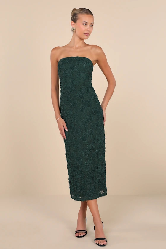 Flawless Perfection Emerald Floral Applique Strapless Midi Dress | Lulus